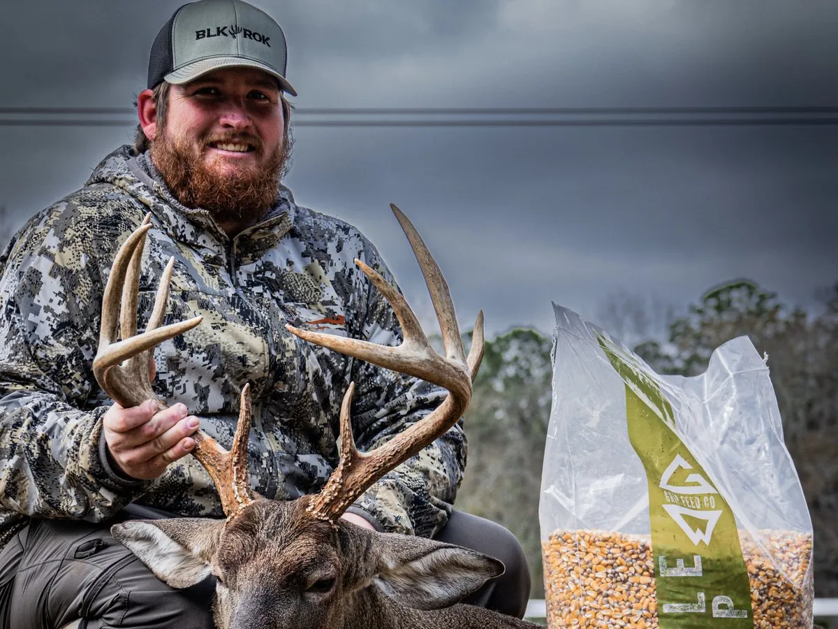 A hunter with a mature buck beside a bag of Triple Grip deer feed