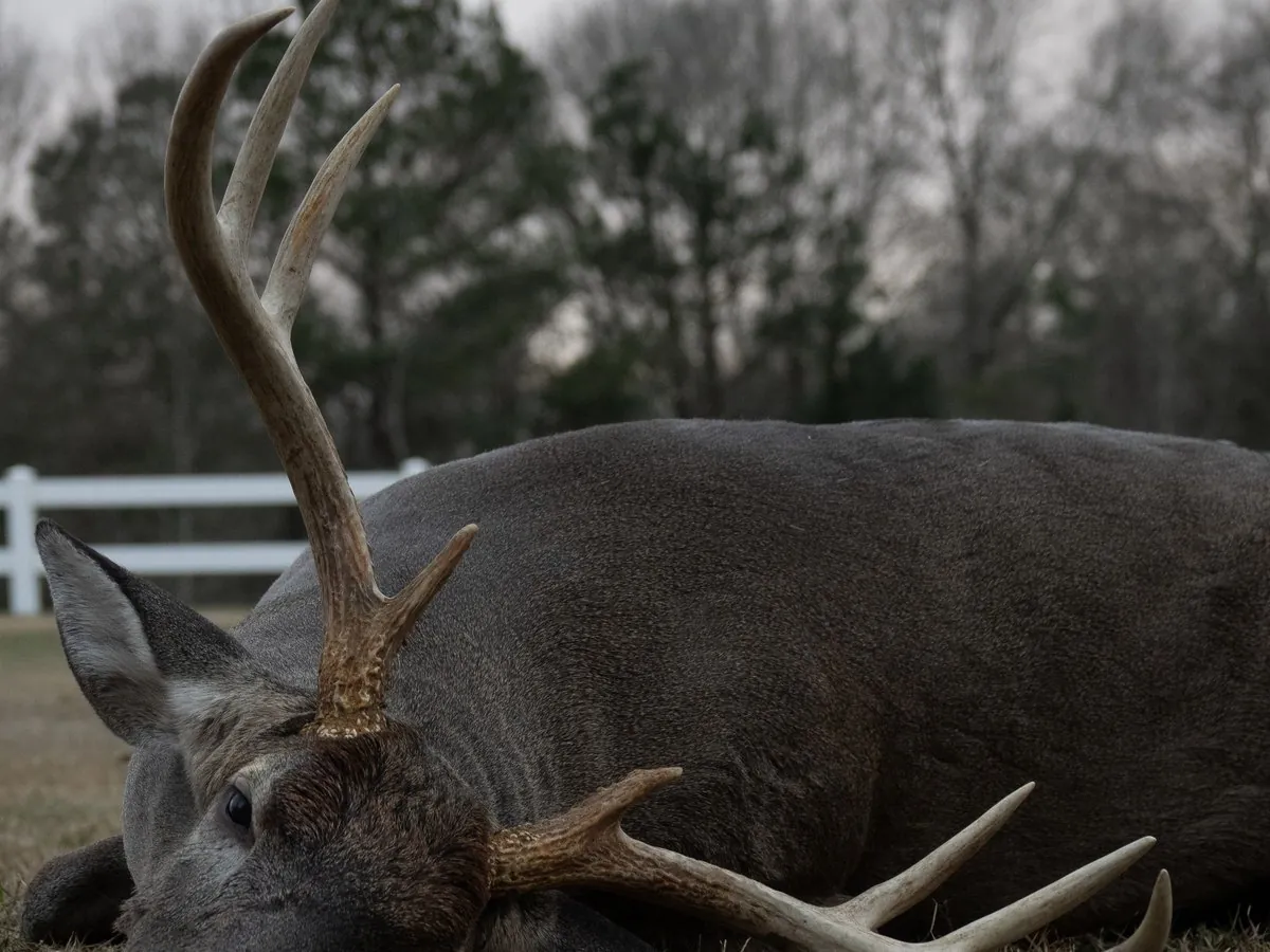 A heavy-bodied whitetail buck down in a winter field at dusk