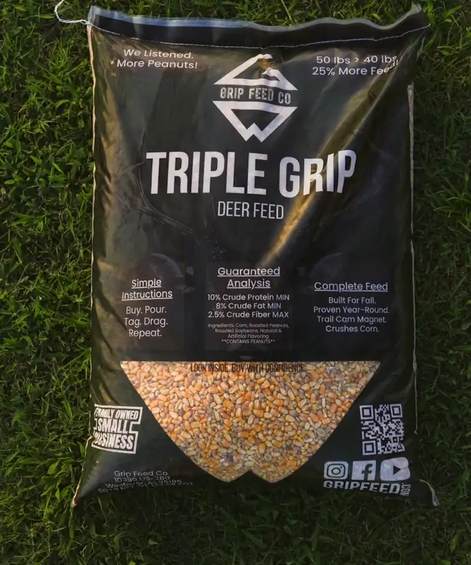 Triple Grip deer feed — 50 lb bag of whole corn with roasted peanuts and soybeans